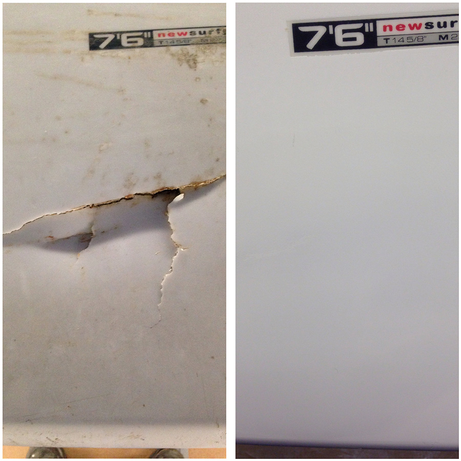 NSP surfboard bottom damage repaired at st vedas surf shop